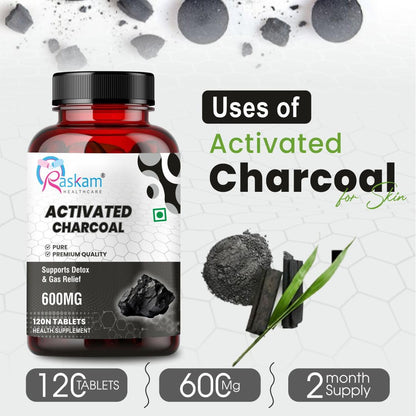 Activated Charcoal 600mg – Natural Detox & Digestive Cleanser | Supports Bloating Relief & Gas | 120 Vegan Tablets