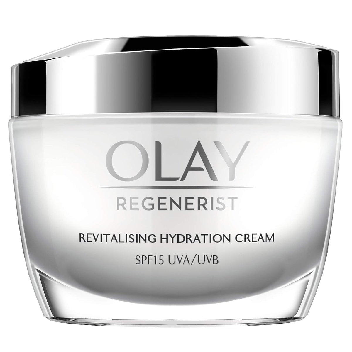 Olay Regenerist revitalising hydration cream jar on a white background
