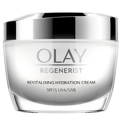 Olay Regenerist revitalising hydration cream jar on a white background