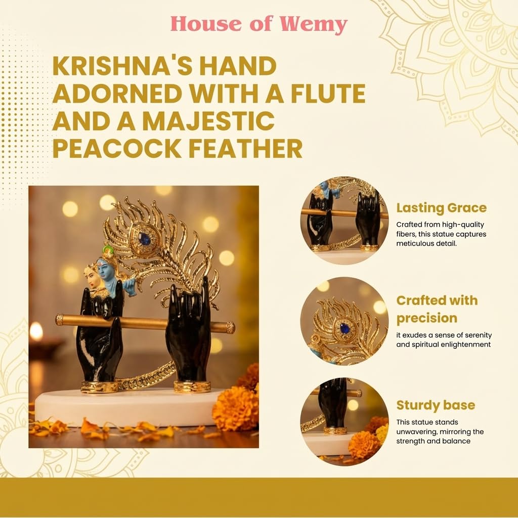 Gold Plated Lord Krishna Hands Idol with Face, Flute & Peacock Feather for Car Dashboard | Statue for House Warming Gifting | Decorative Items for Home & Office (Black - 4.5 inch)
