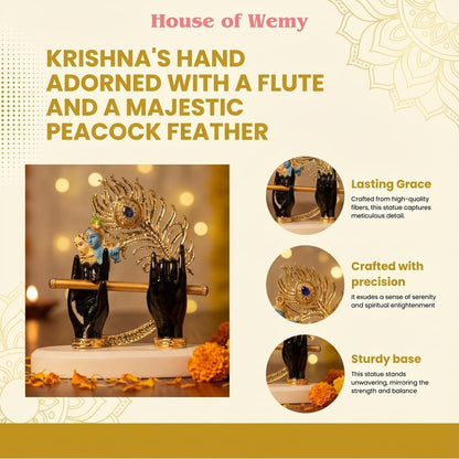 Gold Plated Lord Krishna Hands Idol with Face, Flute & Peacock Feather for Car Dashboard | Statue for House Warming Gifting | Decorative Items for Home & Office (Black - 4.5 inch)