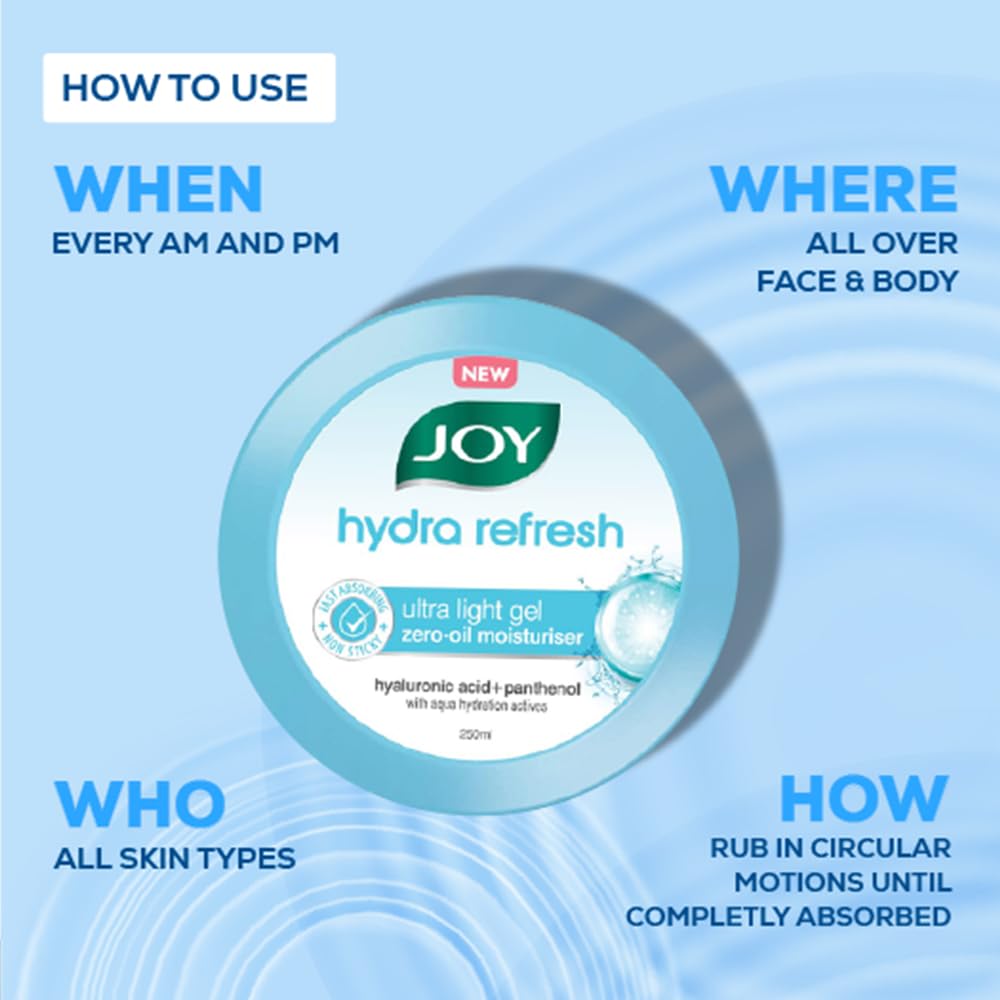 Joy Hydra Refresh Ultra Light Gel, Oil Free Moisturizer with Hyaluronic Acid & Vitamin E 250ml - Non Sticky & Lightweight Face Cream for Oily Skin for 48hr Moisturization
