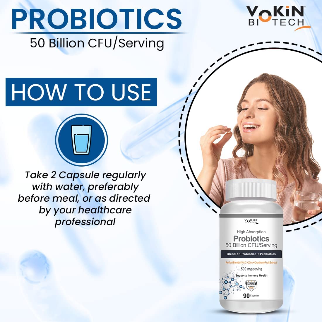 Vokin Biotech probiotics bottle with usage instructions and a woman taking a supplement.