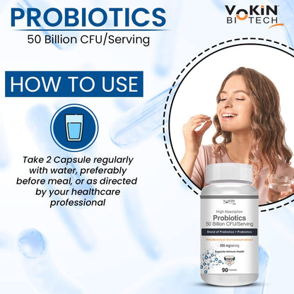 Vokin Biotech probiotics bottle with usage instructions and a woman taking a supplement.