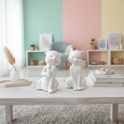 Charming Ceramic Cat Couple Figurines for Home Décor | Minimalist Cute Showpieces for Living Room, Bedroom, Shelf & Gifting (White, 14 cm, Set of 2)