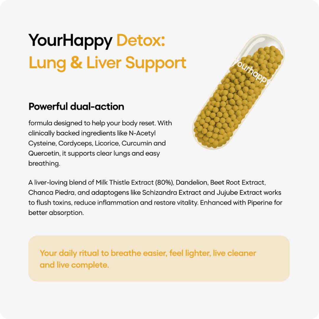 YourHappy Detox supplement capsule with text on lung and liver support on a white background