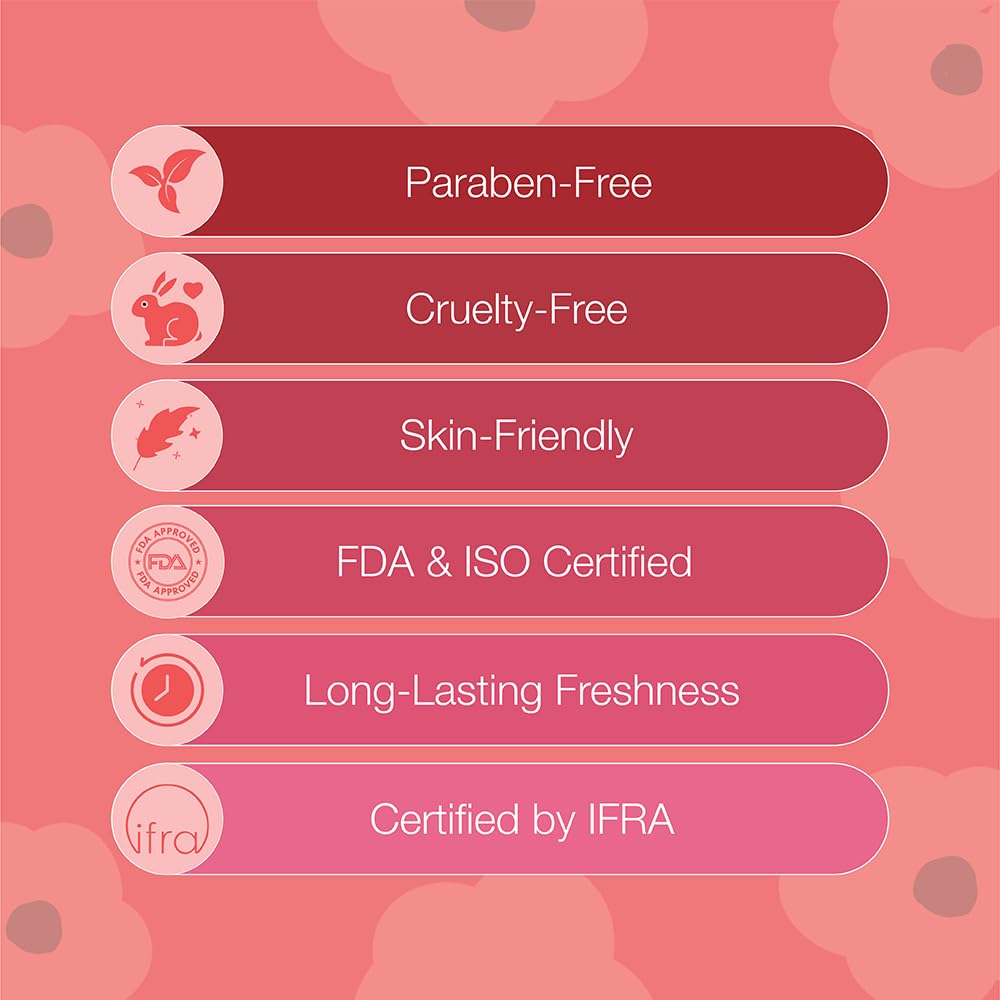 List of product certifications on a pink floral background