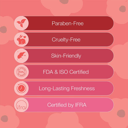 List of product certifications on a pink floral background