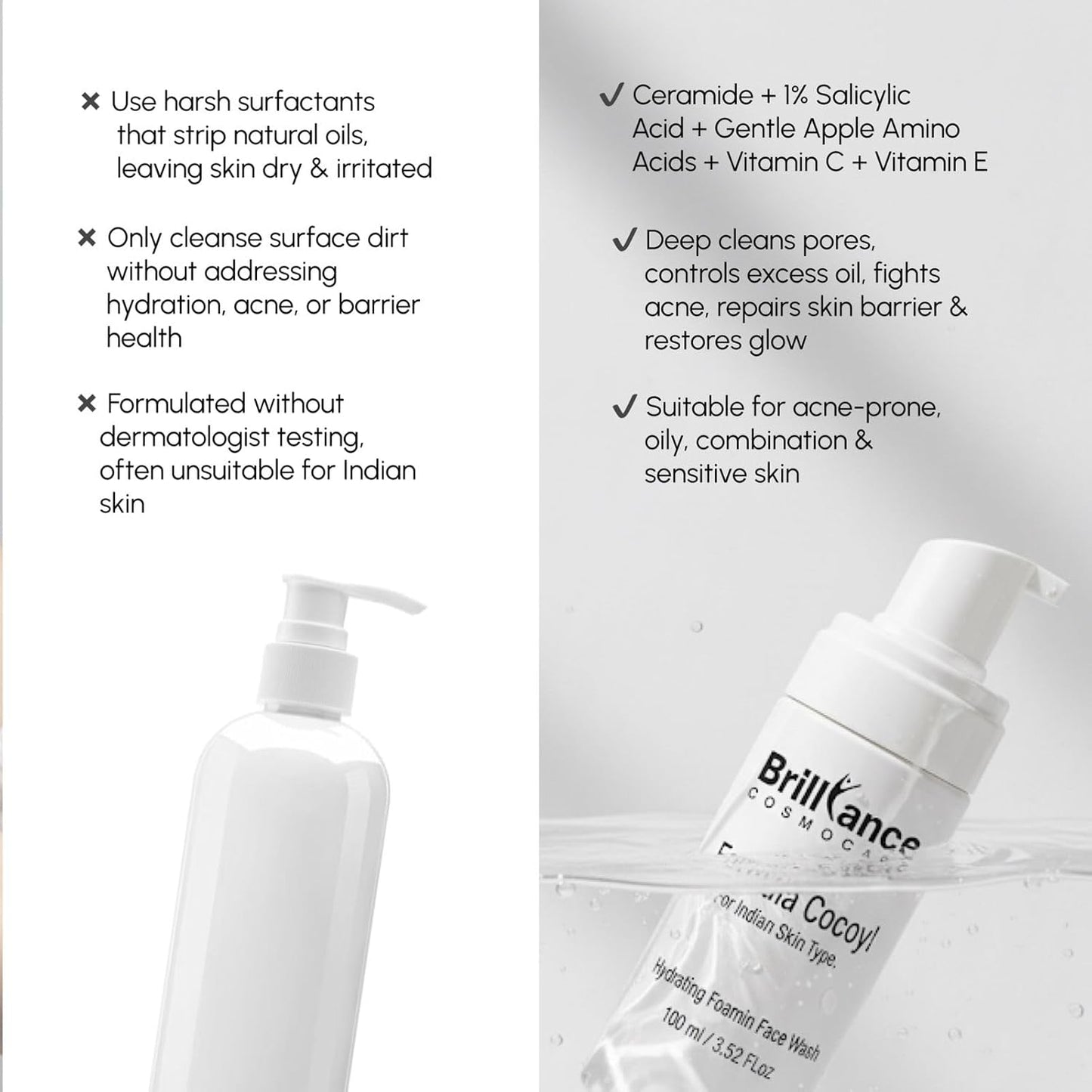 Brilliance Premium Hydrating Foaming Face Wash | Dermatologist Tested | Cocoyl Formula with 1% Salicylic Acid,Ceramide & Vitamin C, 100ml | Gentle Anti-Acne Cleanser for Acne-Prone Skin, Reduces Spots & Marks, Oil Control & Balanced Clear Skin