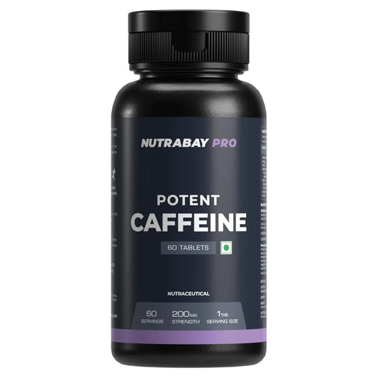 Black supplement bottle labeled 'NUTRABAY PRO Potent Caffeine' on a white background