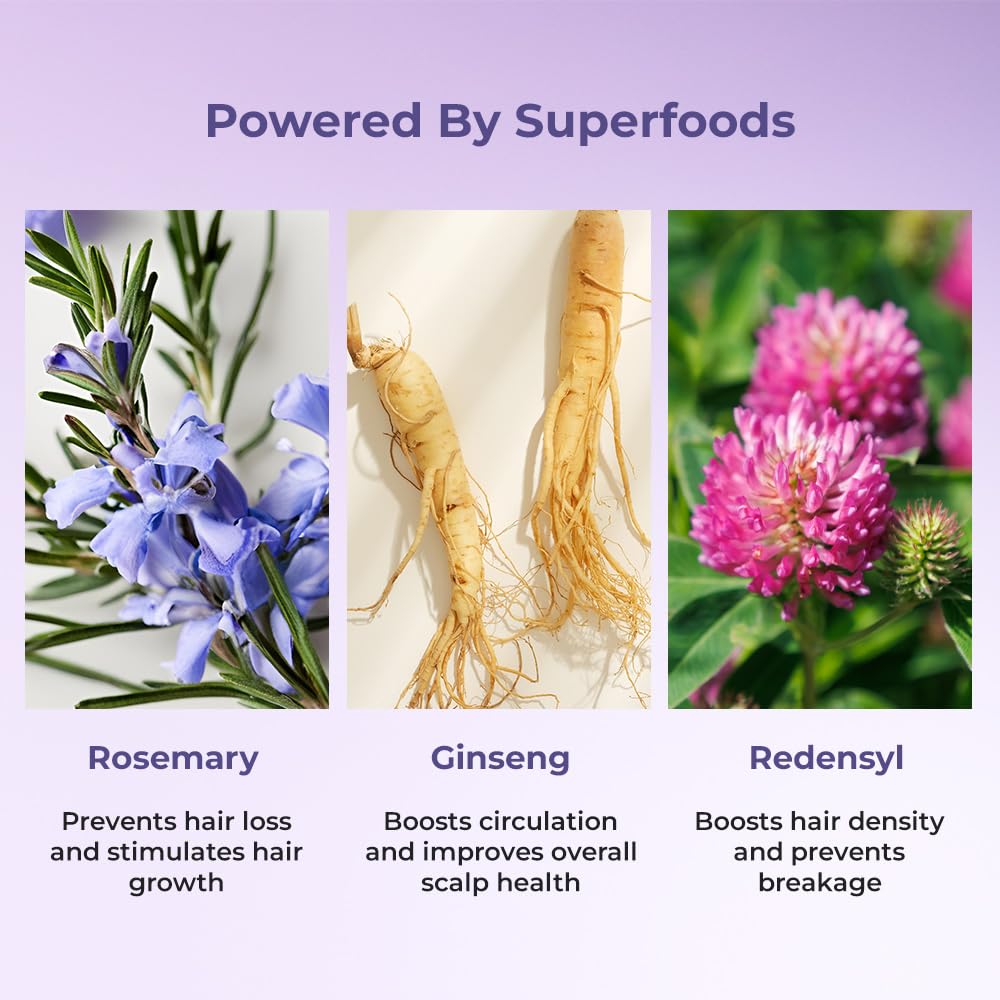 Three images of superfoods with their names and benefits on a purple background.