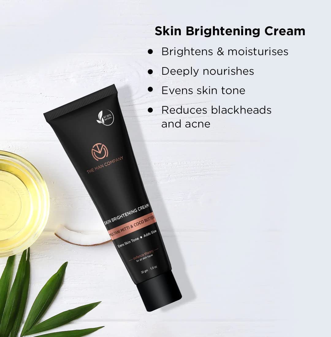 The Man Company Skin Brightening Cream with Multani Mitti, Coco Butter, Hyaluronic Acid | Bright & Soft Skin | Reduce Acne | Removes Blackhead - 30 gm