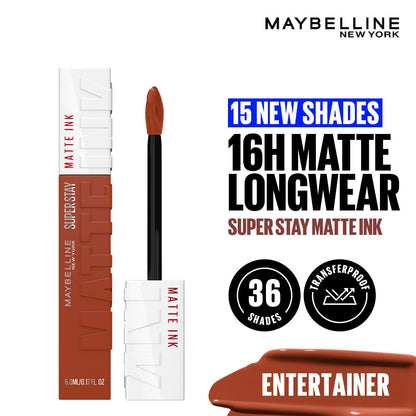 Maybelline New York Superstay Matte Ink Liquid Lipstick, Entertainer | No budge bold color for 16H | Transferproof, Waterproof, Foodproof | Brown skin friendly