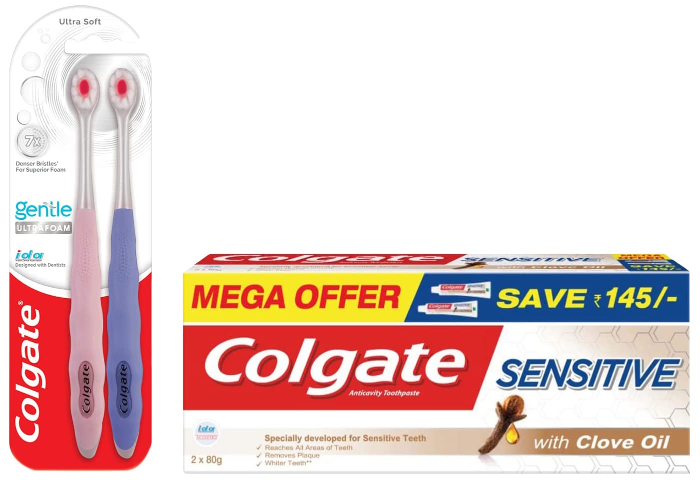 Colgate Gentle Ultrafoam Ultra Soft Bristles Manual Toothbrush For Adults, 2 Pcs, Multicolor & Sensitive Toothpaste With Clove Oil, For Sensitivity Relief, 160G,