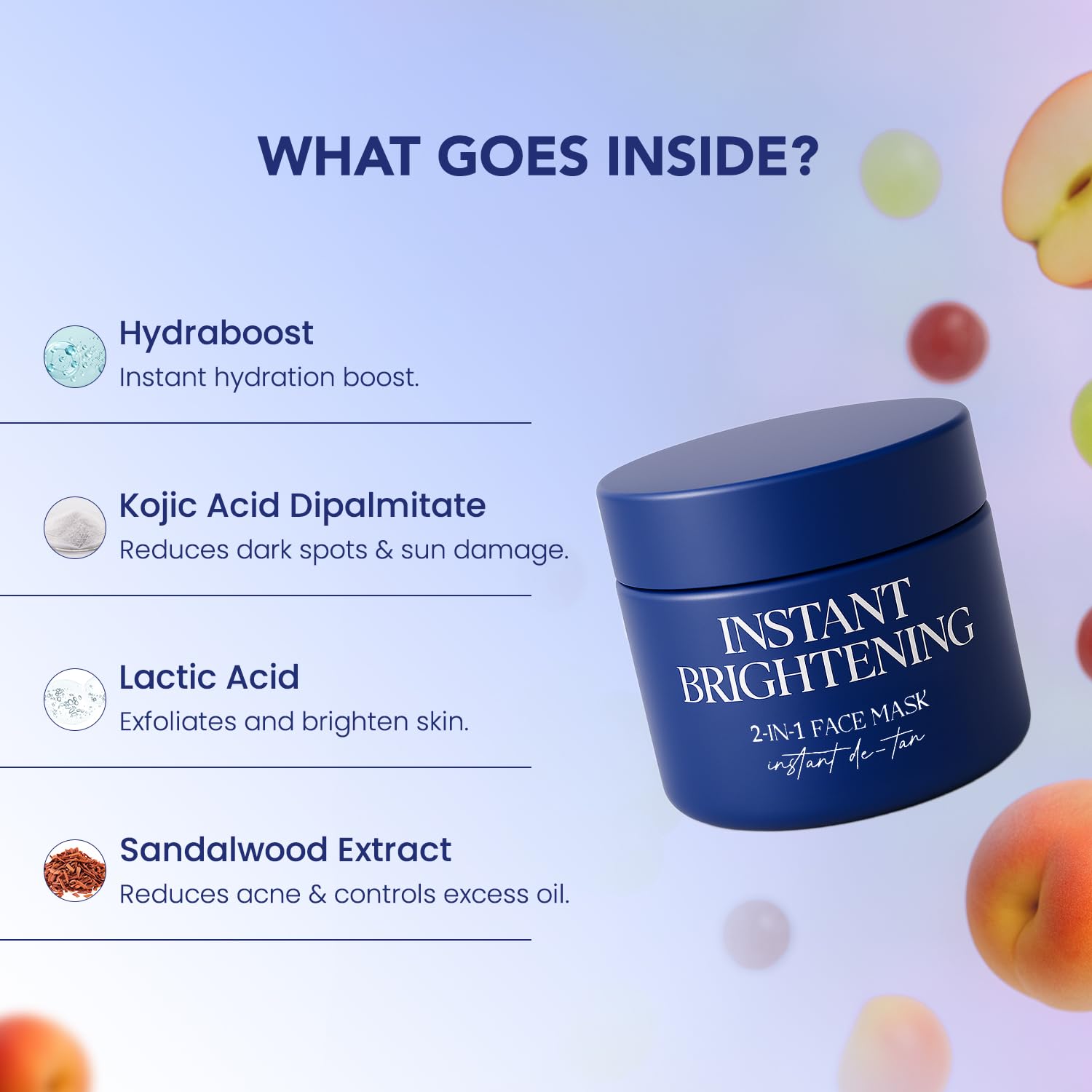 Blue face mask jar with ingredients listed on a light blue background with fruit illustrations.