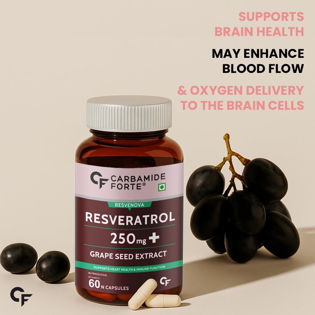 Bottle of Carbamide Forte Resveratrol with grapes on a beige background