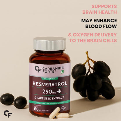 Bottle of Carbamide Forte Resveratrol with grapes on a beige background