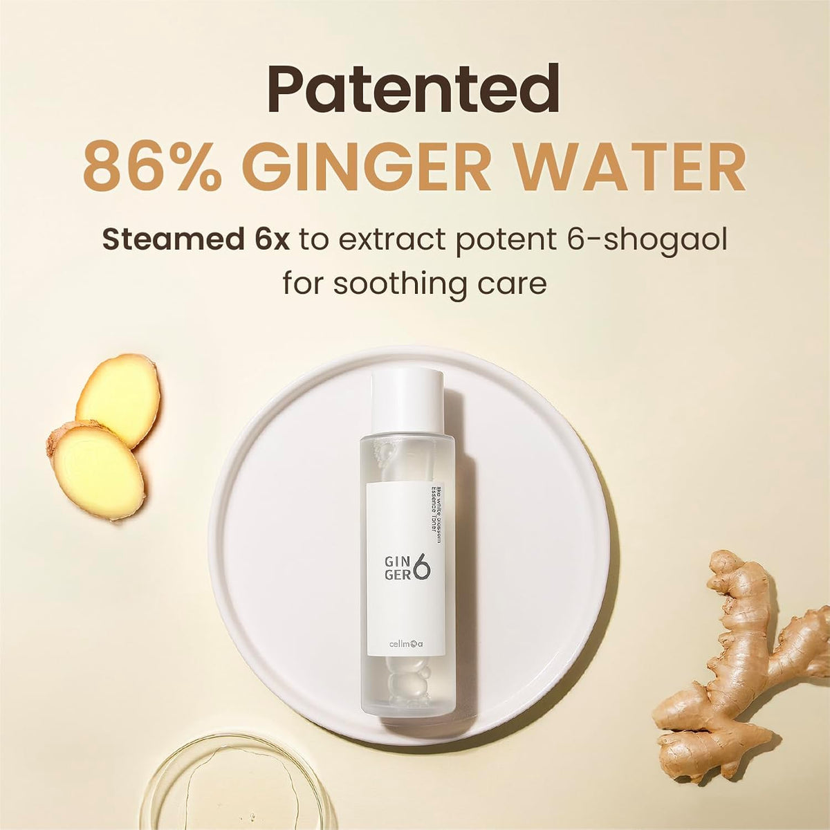 Bottle of ginger water with ginger roots on a beige background