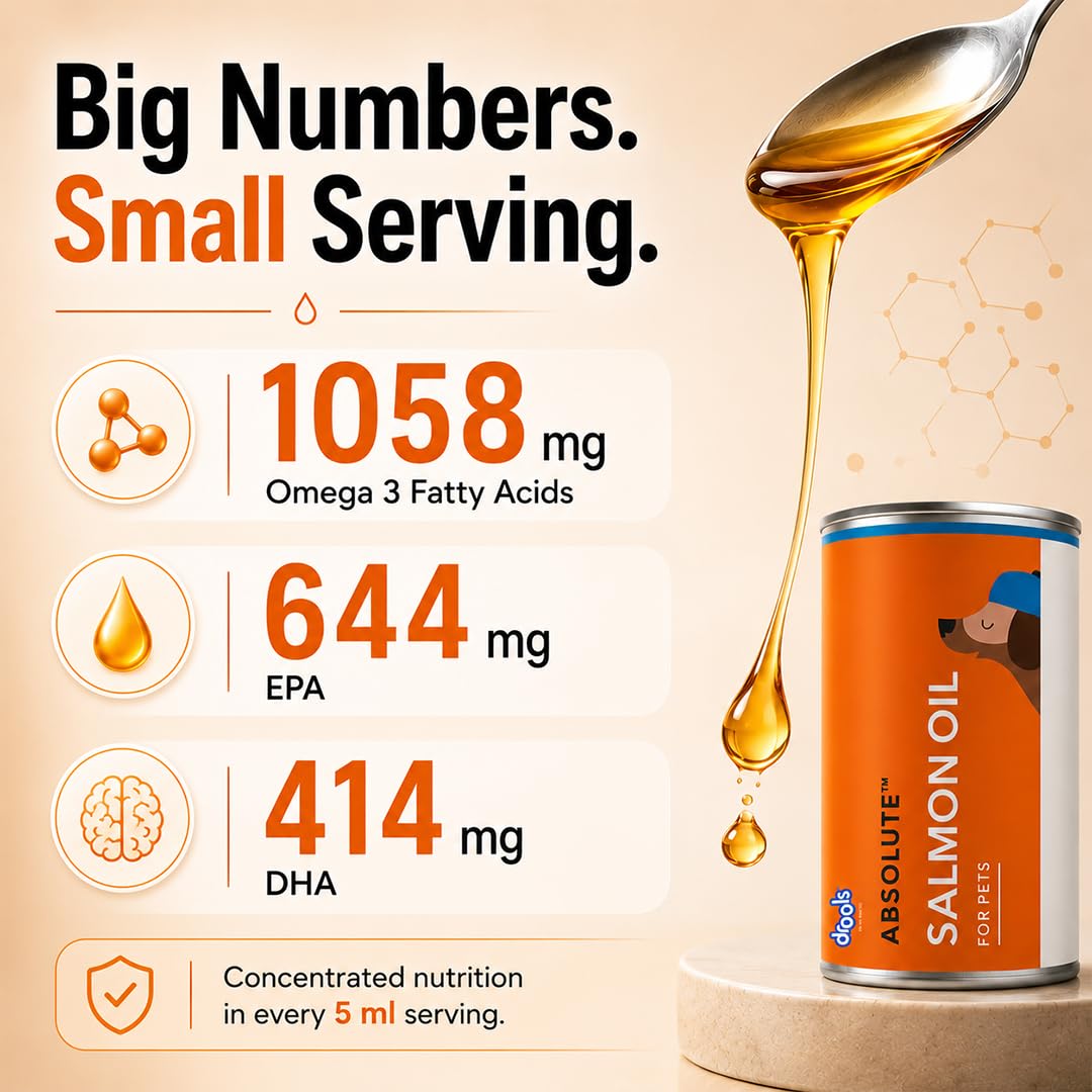 Drools Absolute Dog Supplement Syrup 300ml Jar | Salmon Flavour | All Breeds | Promotes Shiny Coat | Boosts Immunity | Aids Brain Development | Helps Prevent Skin Issues | Maintains Heart Health