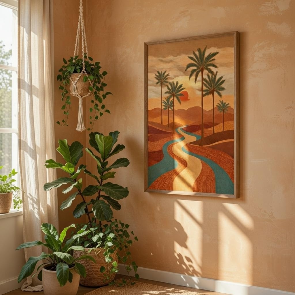 Desert Sunset Palm Tree Wall Art with Wooden Frame | Aesthetic Landscape Painting with River & Sunset | HD UV Laminated Print on MDF for Living Room Bedroom Office Decor 13.5 x 19.5 Inch