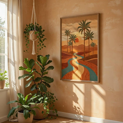 Desert Sunset Palm Tree Wall Art with Wooden Frame | Aesthetic Landscape Painting with River & Sunset | HD UV Laminated Print on MDF for Living Room Bedroom Office Decor 13.5 x 19.5 Inch