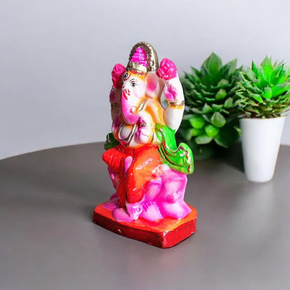 SAUDEEP INDIA 6 Inch Mitti Ganesh Idol | Eco-Friendly Handcrafted Mud/Clay Ganesh Murti | Ganpati Figurine for Visarjan | Biodegradable Lotus Ganesha Statue | Ganesh Chaturthi (Colored Mitti Ganesha)