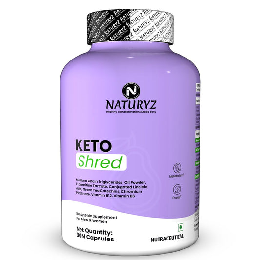 Purple supplement bottle labeled 'Naturyz Keto Shred' on a white background