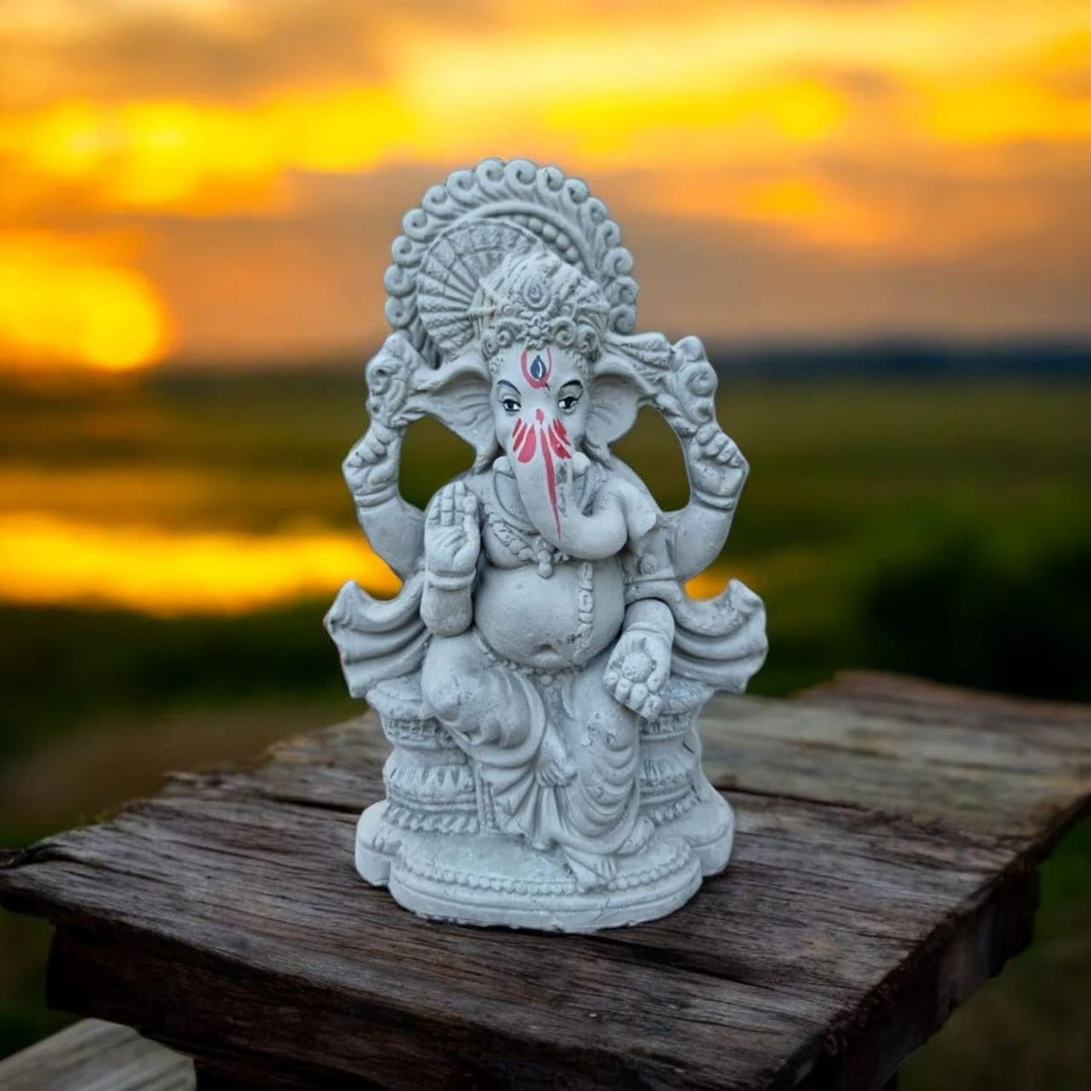 SAUDEEP INDIA 8 Inch Mitti Ganesh Idol | Eco-Friendly Handcrafted Mud/Clay Ganesh Murti | Ganpati Figurine for Ganesh Chaturthi Visarjan | Biodegradable Mukut Ganesha Statue