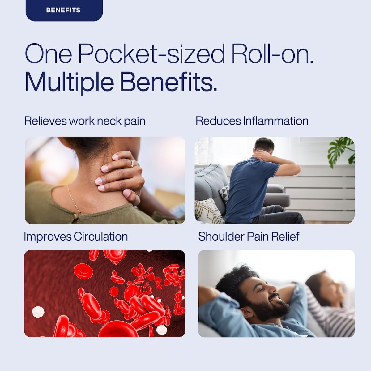 Advertisement for a pocket-sized roll-on product with benefits listed and images of people using it.