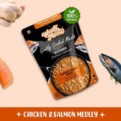 Wuuff & Meow Gently Cooked Wet Cat Food – Chicken & Salmon Medley Cat Meal | High Protein, Grain Free | Powered by BIOFIBER™ with Arbocel® | Vet-Formulated | (100 g (Pack of 1))