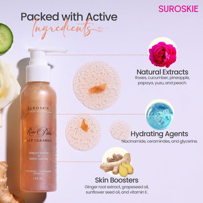 Suroskie Rose Petals Melt Cleanser 120Ml |2-In-1 Face Wash & Makeup Remover | Rose Water, Niacinamide & Vitamin E For Nourished, | Brightens & Glow | Suitable For All Skin Types – Men & Women