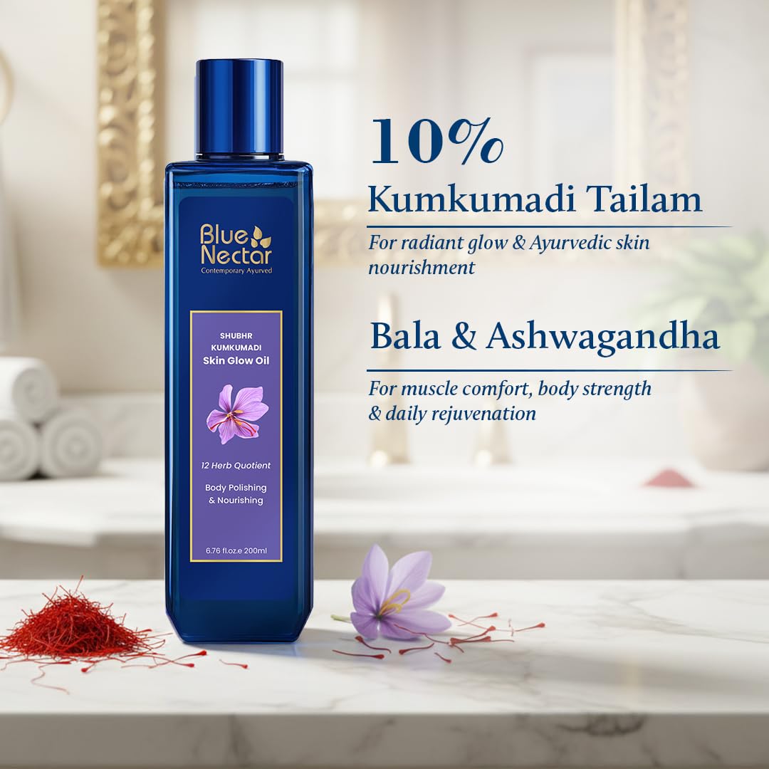 Blue Nectar Shubhr Kumkumadi Body Oil for Glowing Skin | Ayurvedic Moisturizing Body Oil After Bath for Daily Use for Even Skin Tone & Dark Spots (12 Herbs, 100 ml)