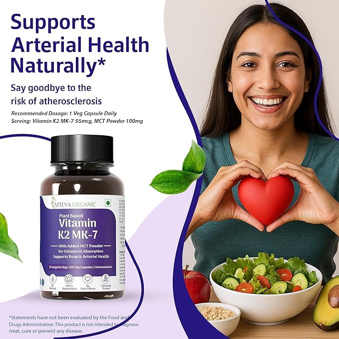 Vitamin K2 MK7 (Menaquinone-7) 55mcg 120 Veg Capsules Plant Based Vitamin K2 Supplement with MCT Powder for higher absorption - K2 MK7 Supports Strong Bones & Heart Health for Men & Women