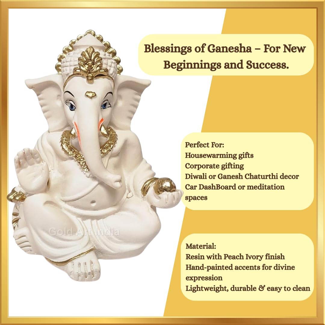 Gold Art India Synthetic-Resin Ganesha Idol | Ganesh Statue Home Decor | Ganesha Murti Office Desk, & Ganpati Idol Car Dashboard | Unique Wedding & Birthday Gift (Gaddipeachivory) 3.5", Fantasy