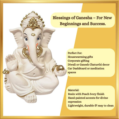 Gold Art India Synthetic-Resin Ganesha Idol | Ganesh Statue Home Decor | Ganesha Murti Office Desk, & Ganpati Idol Car Dashboard | Unique Wedding & Birthday Gift (Gaddipeachivory) 3.5", Fantasy