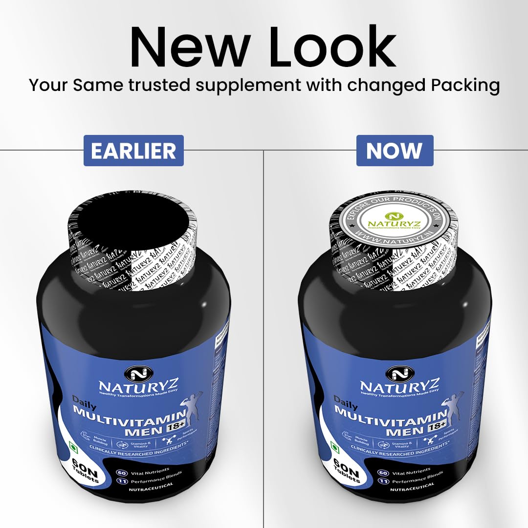 Comparison of NaturaZy Daily Multivitamin Men 100+ packaging between 'Earlier' and 'Now' on a white background.