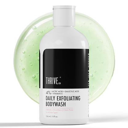 Bottle of Thrive Daily Exfoliating Bodywash with a green gel sample on a white background