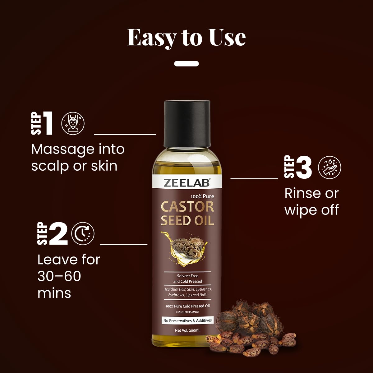 Zeelab Castor Seed Oil bottle with usage instructions on a dark background