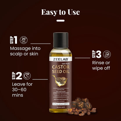 Zeelab Castor Seed Oil bottle with usage instructions on a dark background