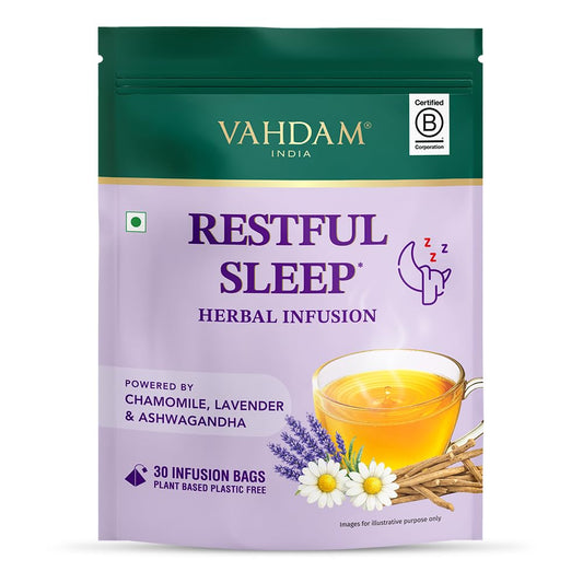 VAHDAM Restful Sleep Herbal Infusion | Promotes Deep Sleep & Helps with Insomnia, Snoring | Caffeine Free | 8-Herb Blend | 30 Tea Bags