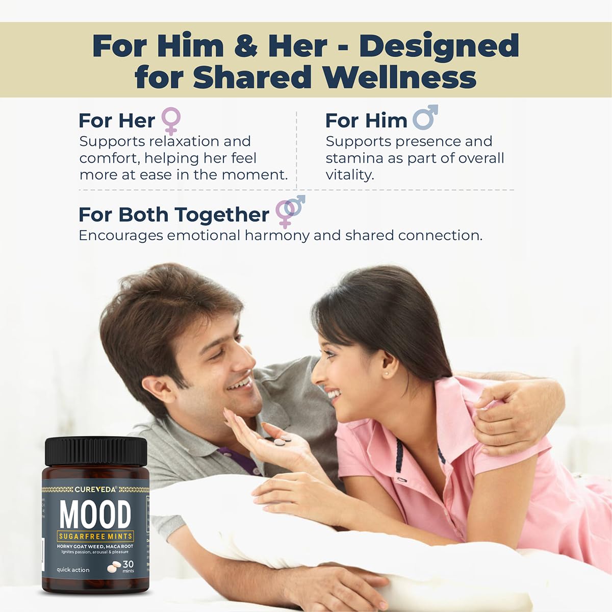 Advertisement for 'MOOD' sugarfree mints designed for shared wellness between a man and a woman.