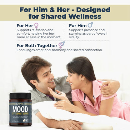 Advertisement for 'MOOD' sugarfree mints designed for shared wellness between a man and a woman.