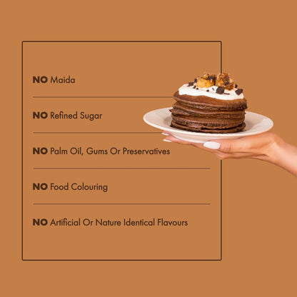 Hand holding a plate with a chocolate cake against a brown background with text about ingredient claims.