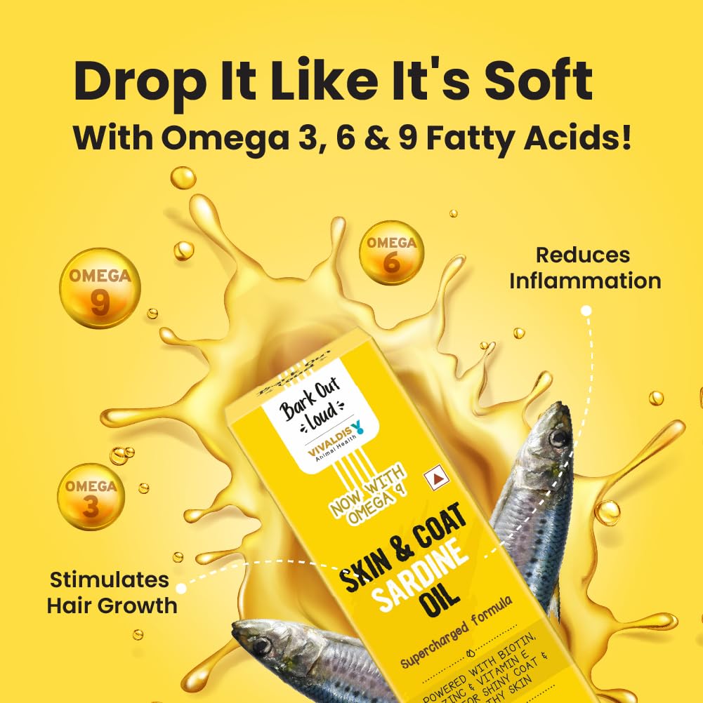 Bark Out Loud by Vivaldis Sardine Oil - Skin & Coat Supplement for Dogs and Cats Formula for Healthy Skin, Glowing Coat & Boosted Immunity, Omega 3,6 & 9 Biotin & Zinc (Dogs & Cats) 200ml