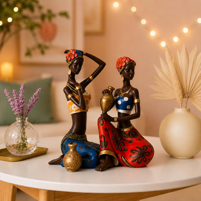 African Lady Statue with Pot| Graceful and Cultural Home Décor (Pack of 2, Red, Blue)