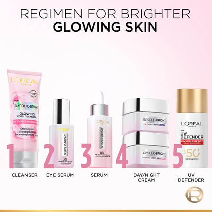 L'Oreal Paris Glycolic Bright Glowing Day Cream, Overnight Brightening Cream, Glycolic Acid in Gel-Like Cream Texture, that Visbily Minimizes Spots & Reveals Glowing skin, 50ml