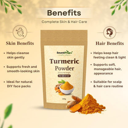Smartdrops Turmeric Powder | Haldi Powder For face | Turmeric Powderr Face Pack For Glowing Skin | Turmeric Powder For Skin And Hair | For Hair Mask Use | For Skin Care Routine | For Men & Women - 100g (Pack 1)