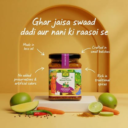 THE LITTLE FARM CO Mixed Pickle 250g In Punjabi Masala, Perfect Blend of Mango, Green Chilli, Lemon, Carrot, Lotus Stem & Ginger, Mix Achar In Cold Pressed Mustard Oil With No Added Colors & Preservatives, Made In Less Oil