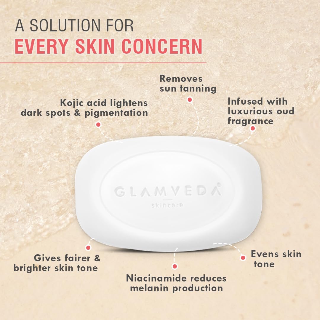 Glamveda soap bar with text highlighting its benefits on a beige background