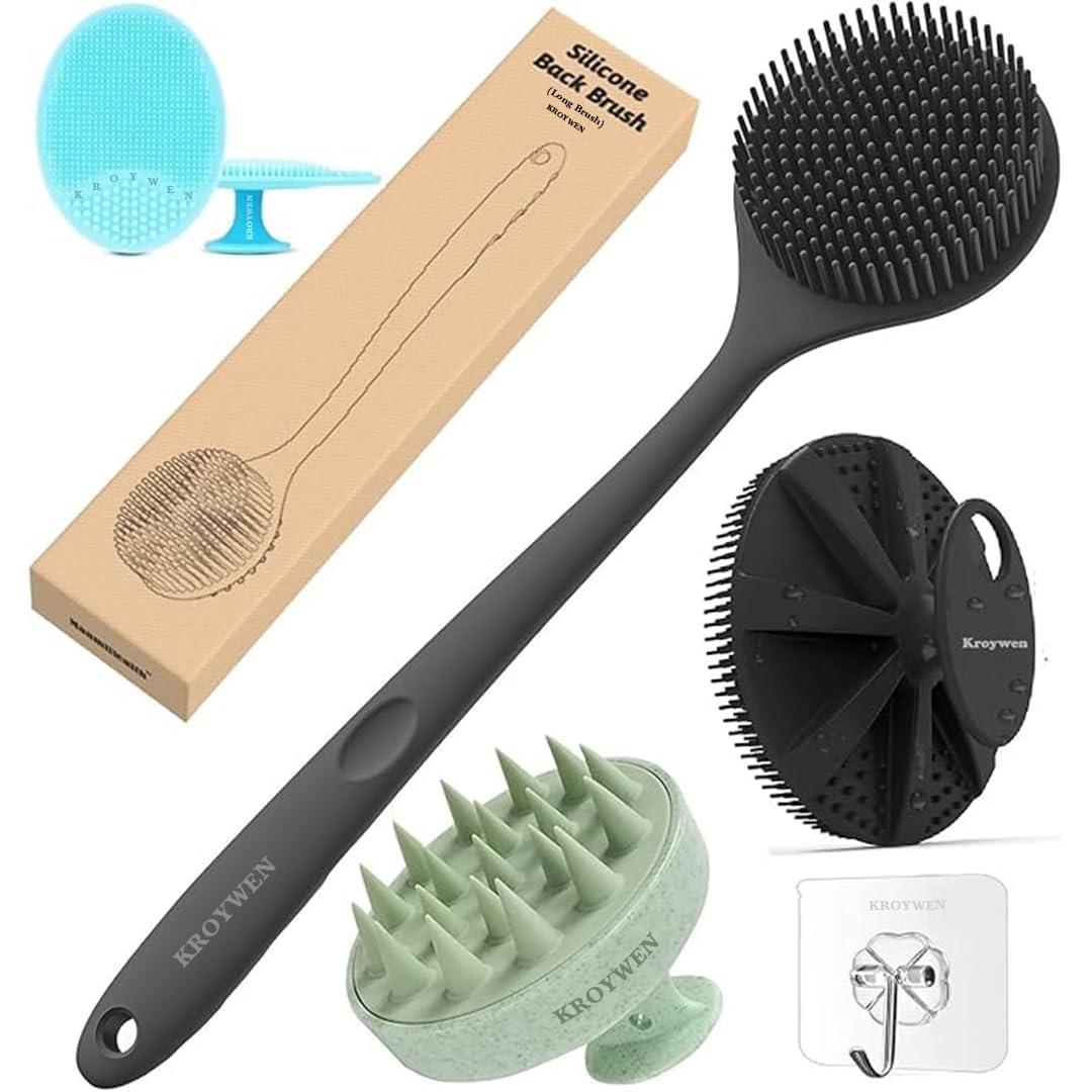 KROYWEN Soft Silicone Back Scrubber Long Handle Bath Brush + Body Scrubber Bath Brush + Scalp Massager for Hair + Face Scrubber Brush, Combination Combo, Super-Exfoliating & Lathering Body Scrubber, Shower Brush (7 Pcs Combo)